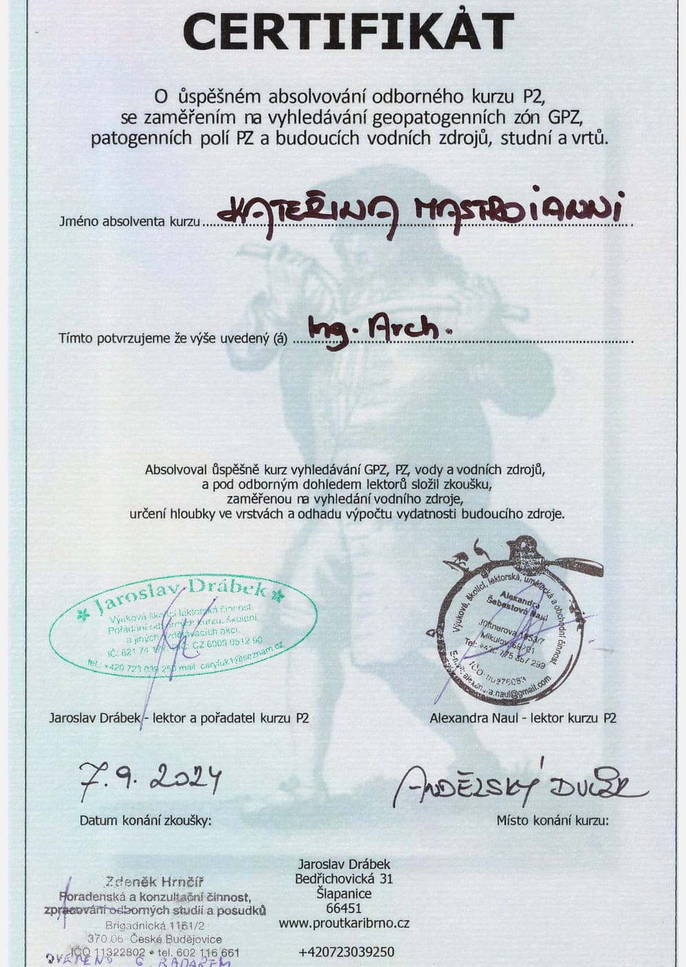 Certifikát o absolvování kurzu vyhledávání geopatogenních zón